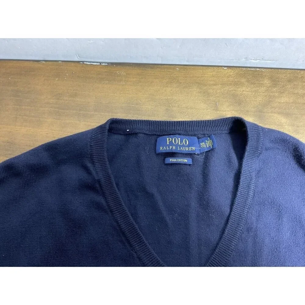 Polo Ralph Lauren Sweater Mens 2XL Blue V-Neck Pullover Pima Cotton